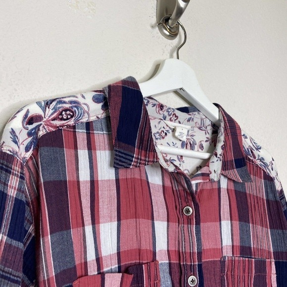 Caslon Floral Back Red and Blue Plaid Button Up Tunic Top S - Picture 3 of 11